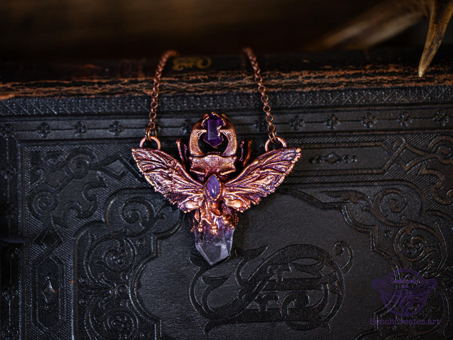 Small Stag Beetle amethyst pendant, copper insect necklace, electroformed copper witch  pagan jewellery, entomology and taxidermy, curiosity