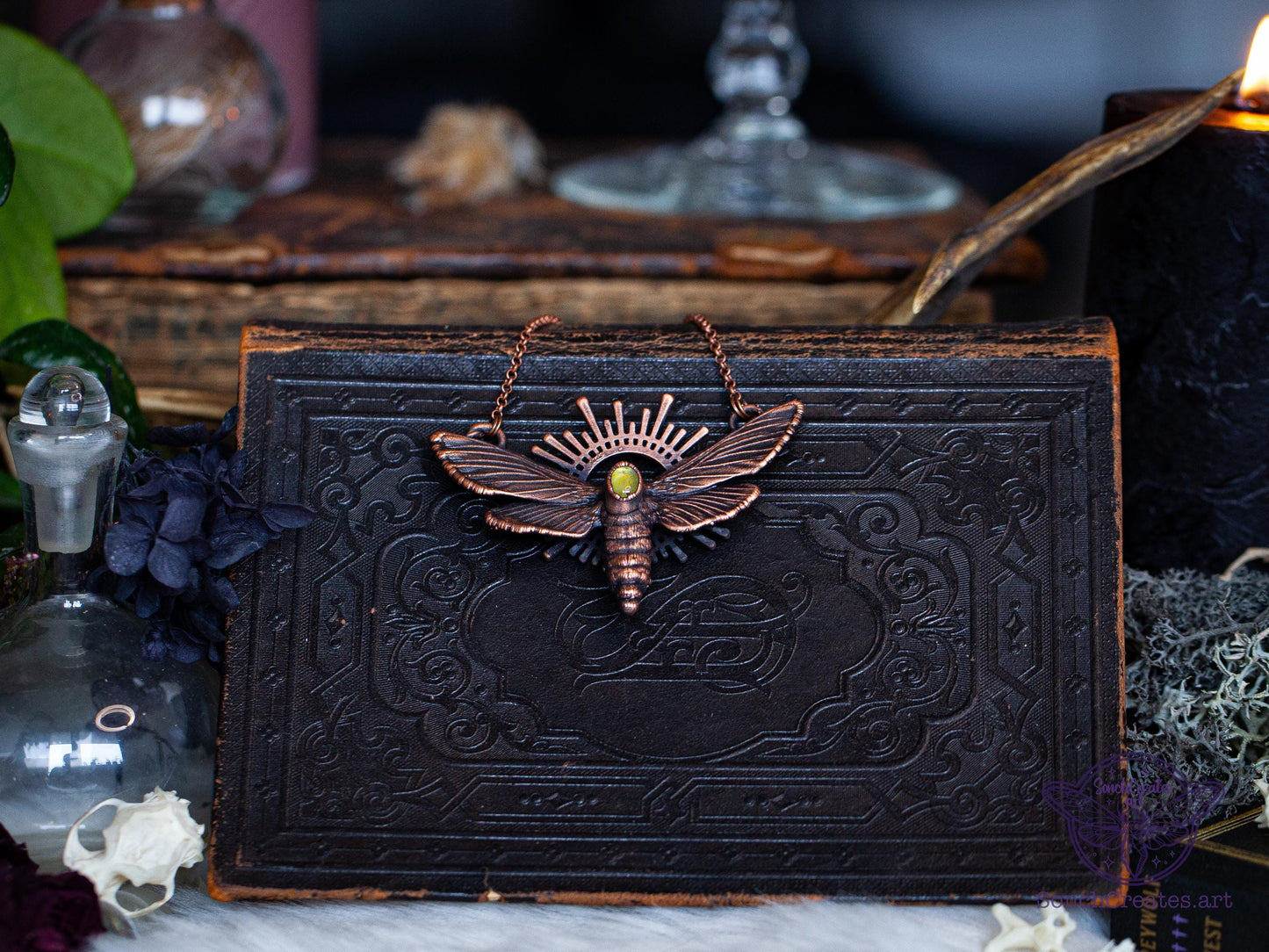 Moth & citrine, electroformed copper witch pagan jewellery, nature inspired, night butterfly, insect  taxidermy, lamp and light symbol