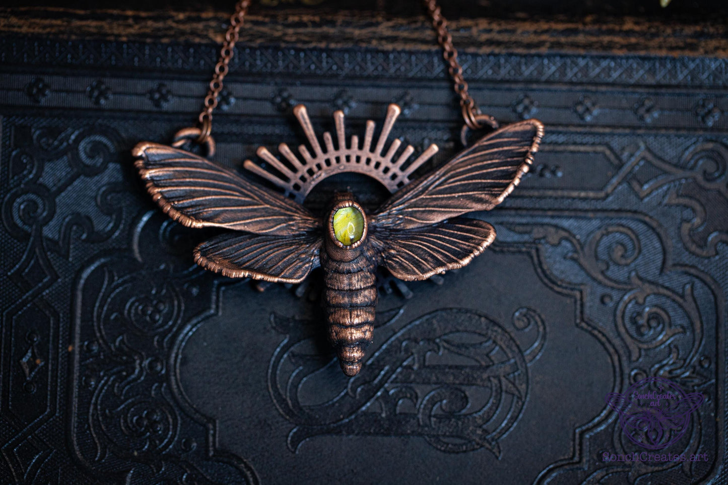 Moth & citrine, electroformed copper witch pagan jewellery, nature inspired, night butterfly, insect  taxidermy, lamp and light symbol