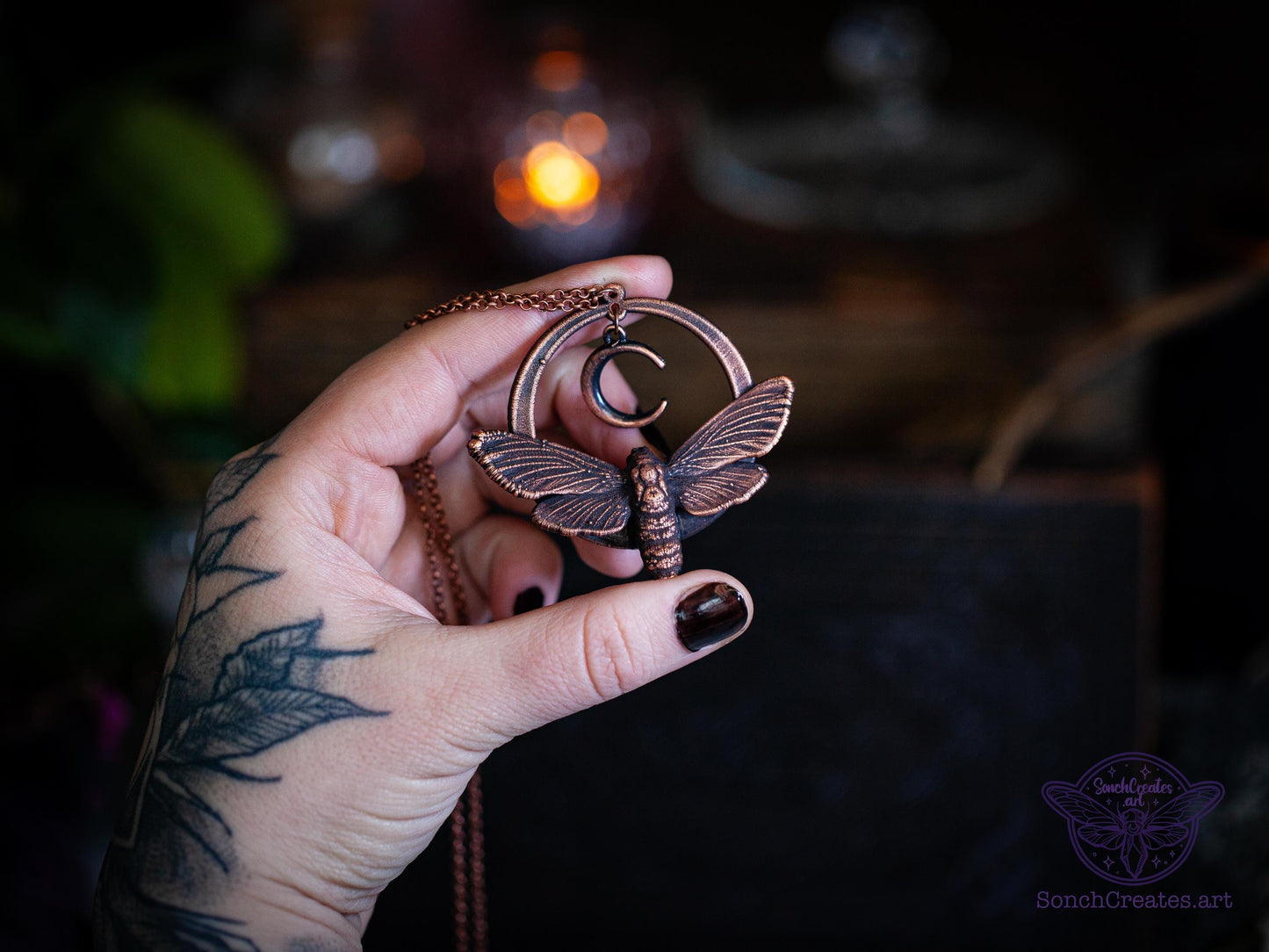Celestial Moth - Crescent moon pendant, , electroformed copper witch pagan jewellery, nature inspired, night butterfly, insect  taxidermy