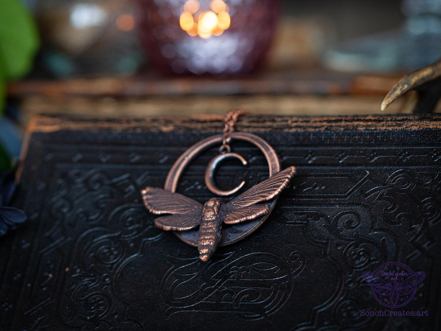 Celestial Moth - Crescent moon pendant, , electroformed copper witch pagan jewellery, nature inspired, night butterfly, insect  taxidermy