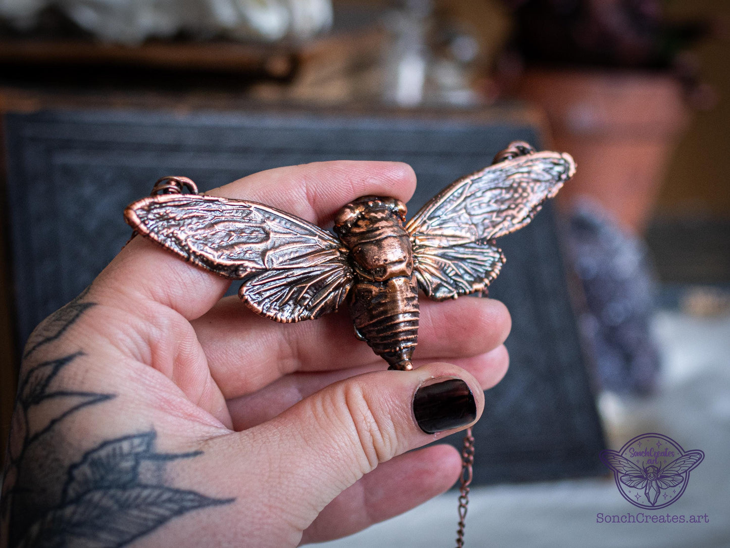 Real cicada necklace , giant bat wing giant cicada , electroformed copper, witch pagan jewellery, entomology insect gift, taxidermy curio