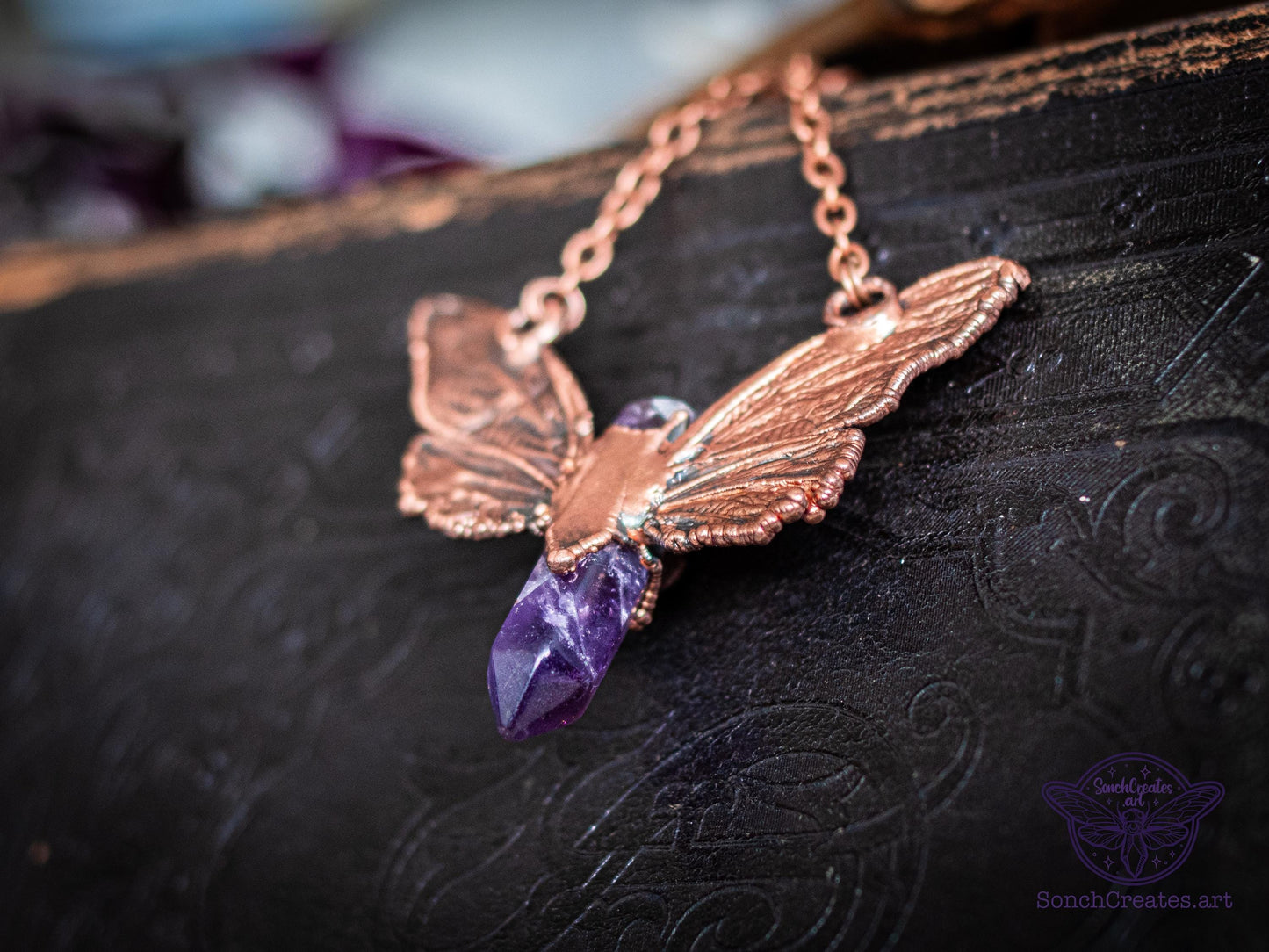 Real cicada  wings necklace -  Amethyst  point, electroformed copper, witch pagan jewellery, entomology insect gift, wicca  taxidermy curio
