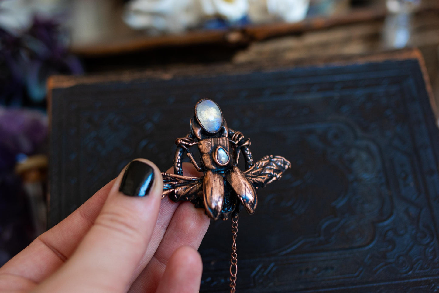 Real  stag Beetle necklace - rainbow moonstones , cloeptera, electroformed copper witch pagan jewellery, entomology gift, oddity and curio