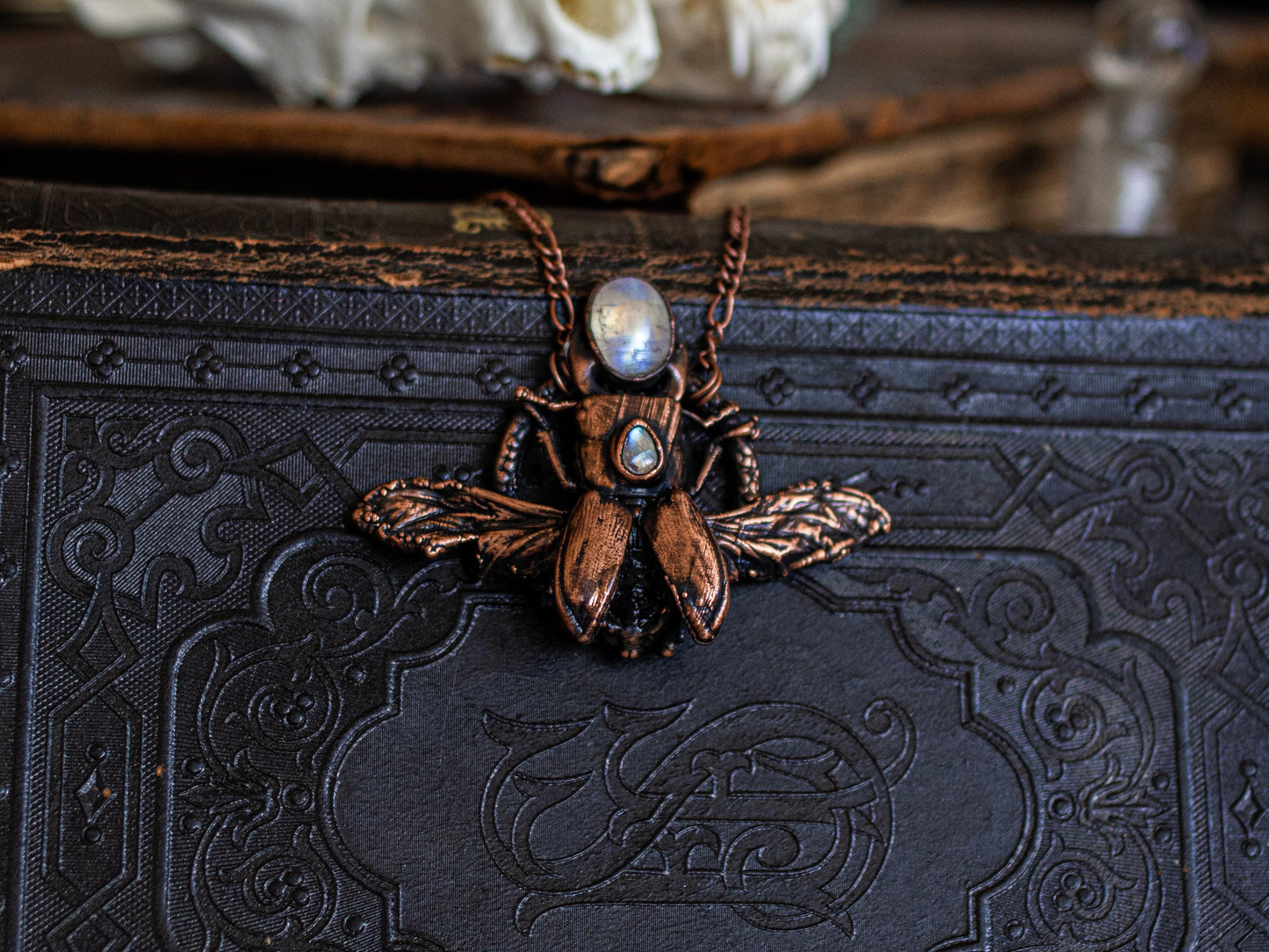 Real  stag Beetle necklace - rainbow moonstones , cloeptera, electroformed copper witch pagan jewellery, entomology gift, oddity and curio