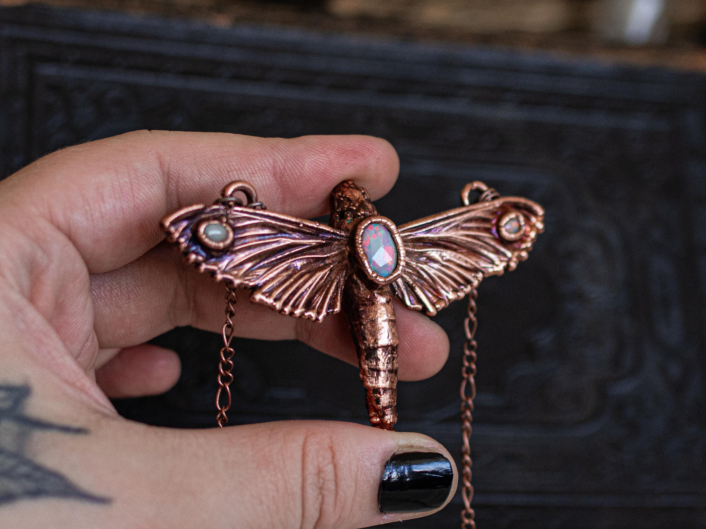 Hawk Moth &  opal, electroformed copper witch pagan jewellery, nature inspired, night butterfly, insect  taxidermy, lamp and light