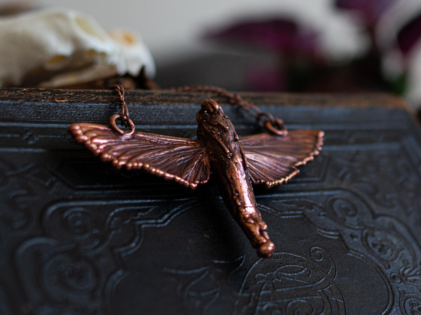 Hawk Moth &  opal, electroformed copper witch pagan jewellery, nature inspired, night butterfly, insect  taxidermy, lamp and light