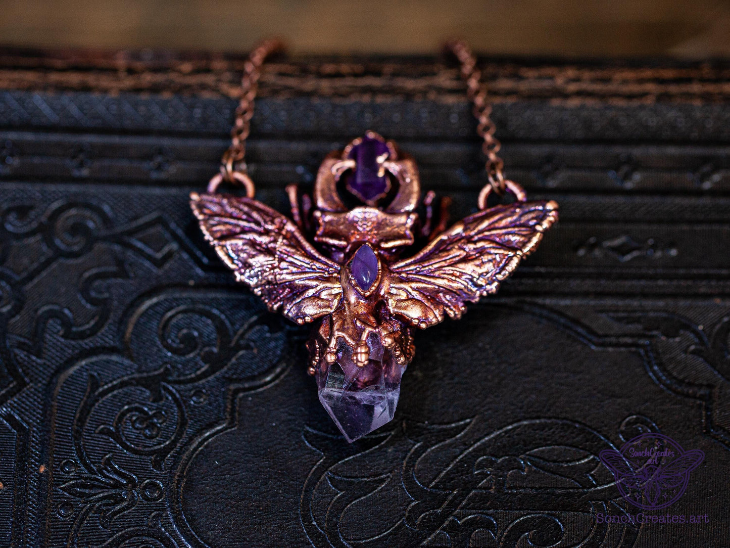 Small Stag Beetle amethyst pendant, copper insect necklace, electroformed copper witch  pagan jewellery, entomology and taxidermy, curiosity