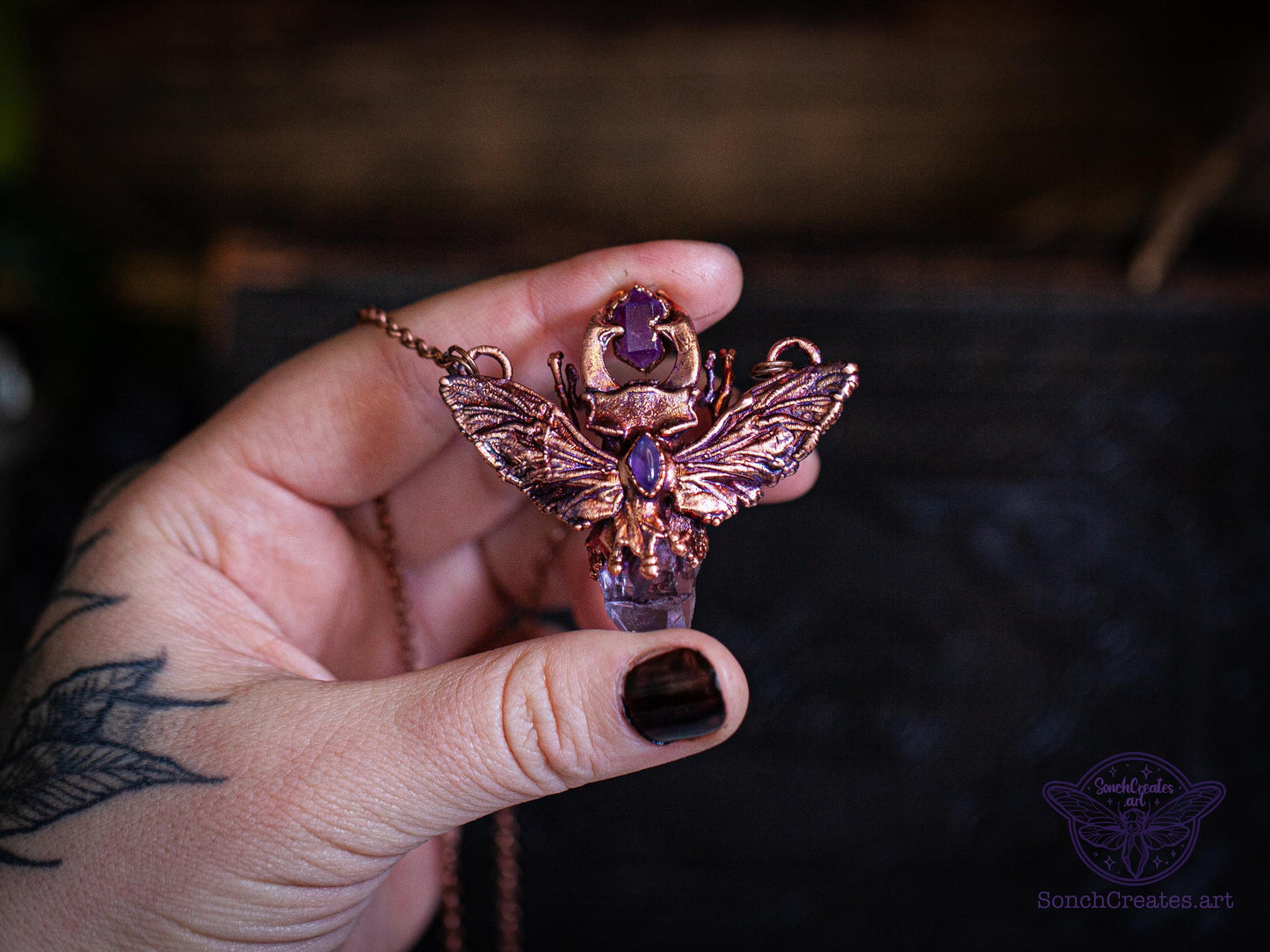 Small Stag Beetle amethyst pendant, copper insect necklace, electroformed copper witch  pagan jewellery, entomology and taxidermy, curiosity