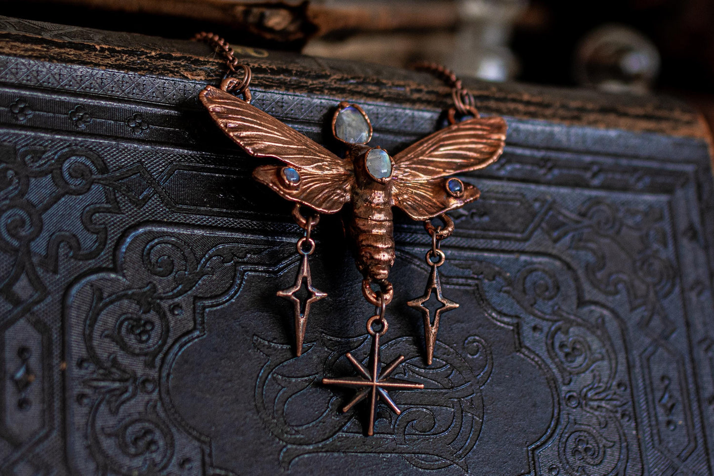 Celestial Moth & moonstones, electroformed copper witch pendant, dangle stars, pagan jewellery, nature, night butterfly, insect taxidermy