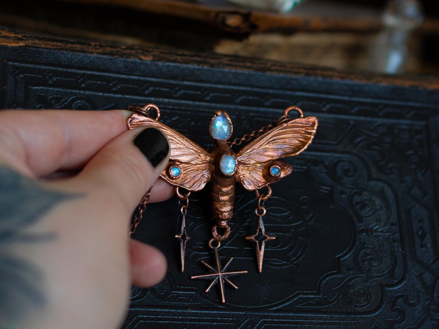 Celestial Moth & moonstones, electroformed copper witch pendant, dangle stars, pagan jewellery, nature, night butterfly, insect taxidermy