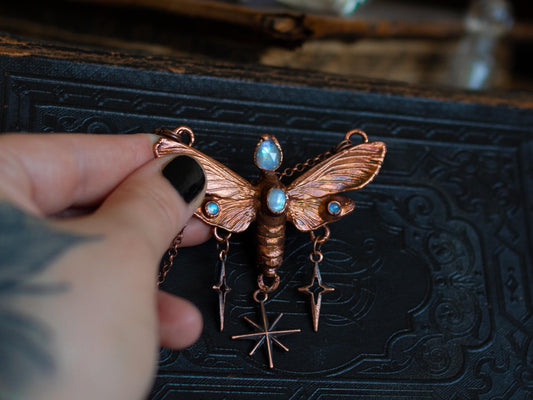 Celestial Moth & moonstones, electroformed copper witch pendant, dangle stars, pagan jewellery, nature, night butterfly, insect taxidermy