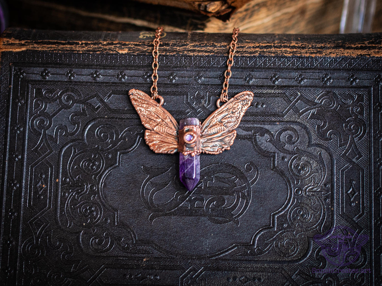 Real cicada  wings necklace -  Amethyst  point, electroformed copper, witch pagan jewellery, entomology insect gift, wicca  taxidermy curio