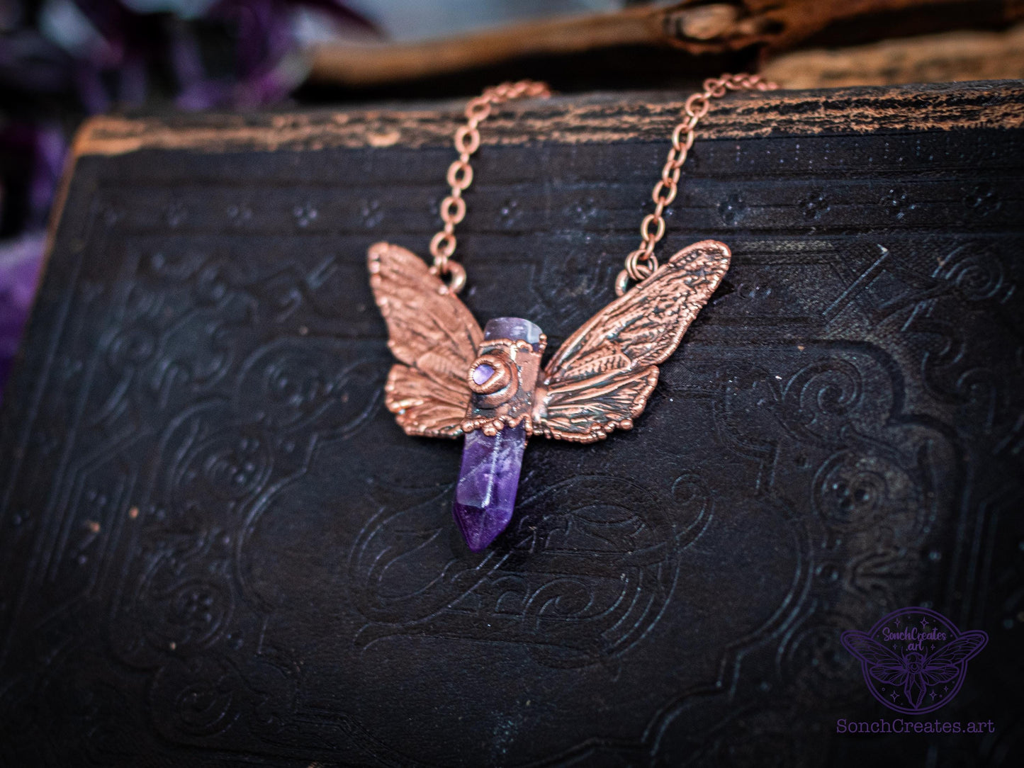 Real cicada  wings necklace -  Amethyst  point, electroformed copper, witch pagan jewellery, entomology insect gift, wicca  taxidermy curio