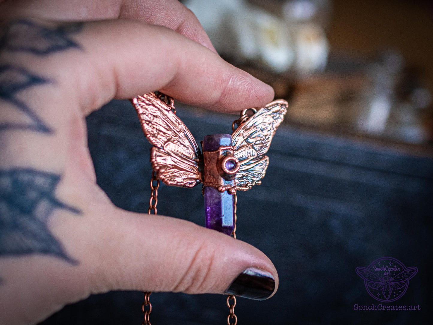 Real cicada  wings necklace -  Amethyst  point, electroformed copper, witch pagan jewellery, entomology insect gift, wicca  taxidermy curio