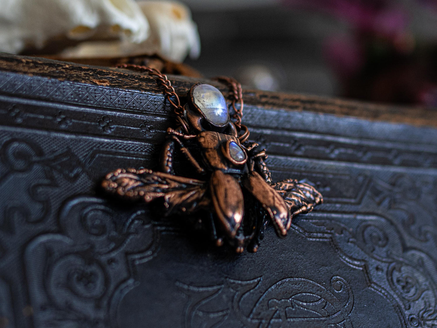 Real  stag Beetle necklace - rainbow moonstones , cloeptera, electroformed copper witch pagan jewellery, entomology gift, oddity and curio