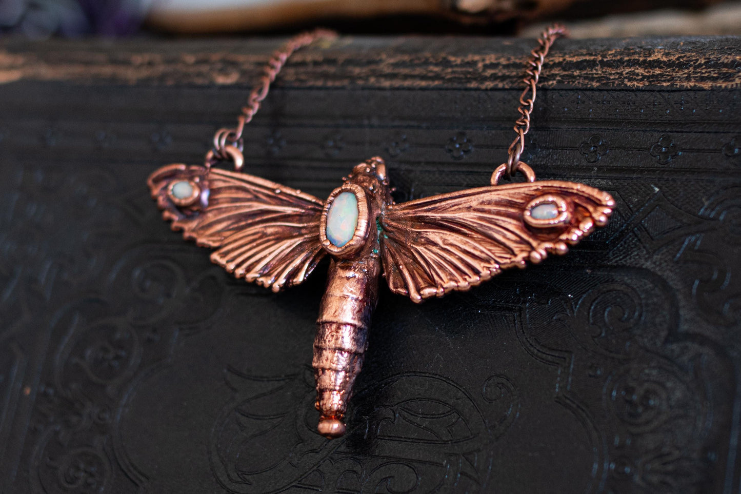 Hawk Moth &  opal, electroformed copper witch pagan jewellery, nature inspired, night butterfly, insect  taxidermy, lamp and light
