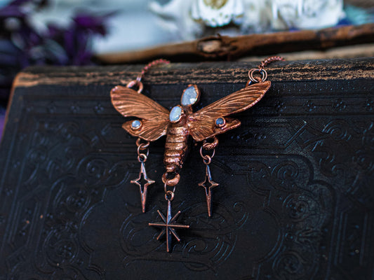 Celestial Moth & moonstones, electroformed copper witch pendant, dangle stars, pagan jewellery, nature, night butterfly, insect taxidermy