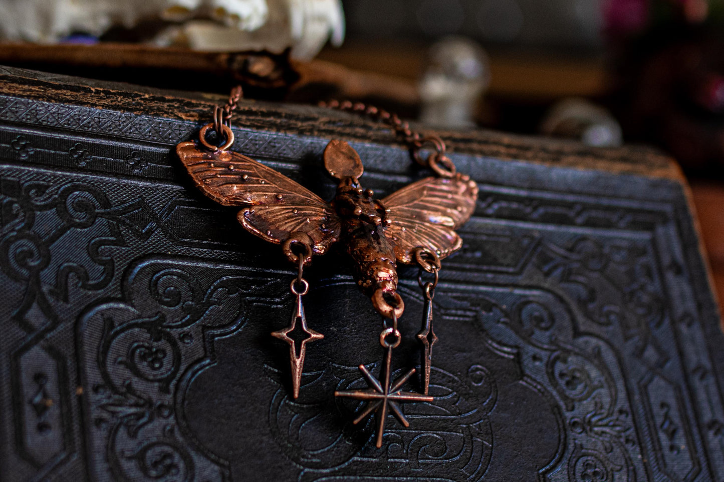 Celestial Moth & moonstones, electroformed copper witch pendant, dangle stars, pagan jewellery, nature, night butterfly, insect taxidermy