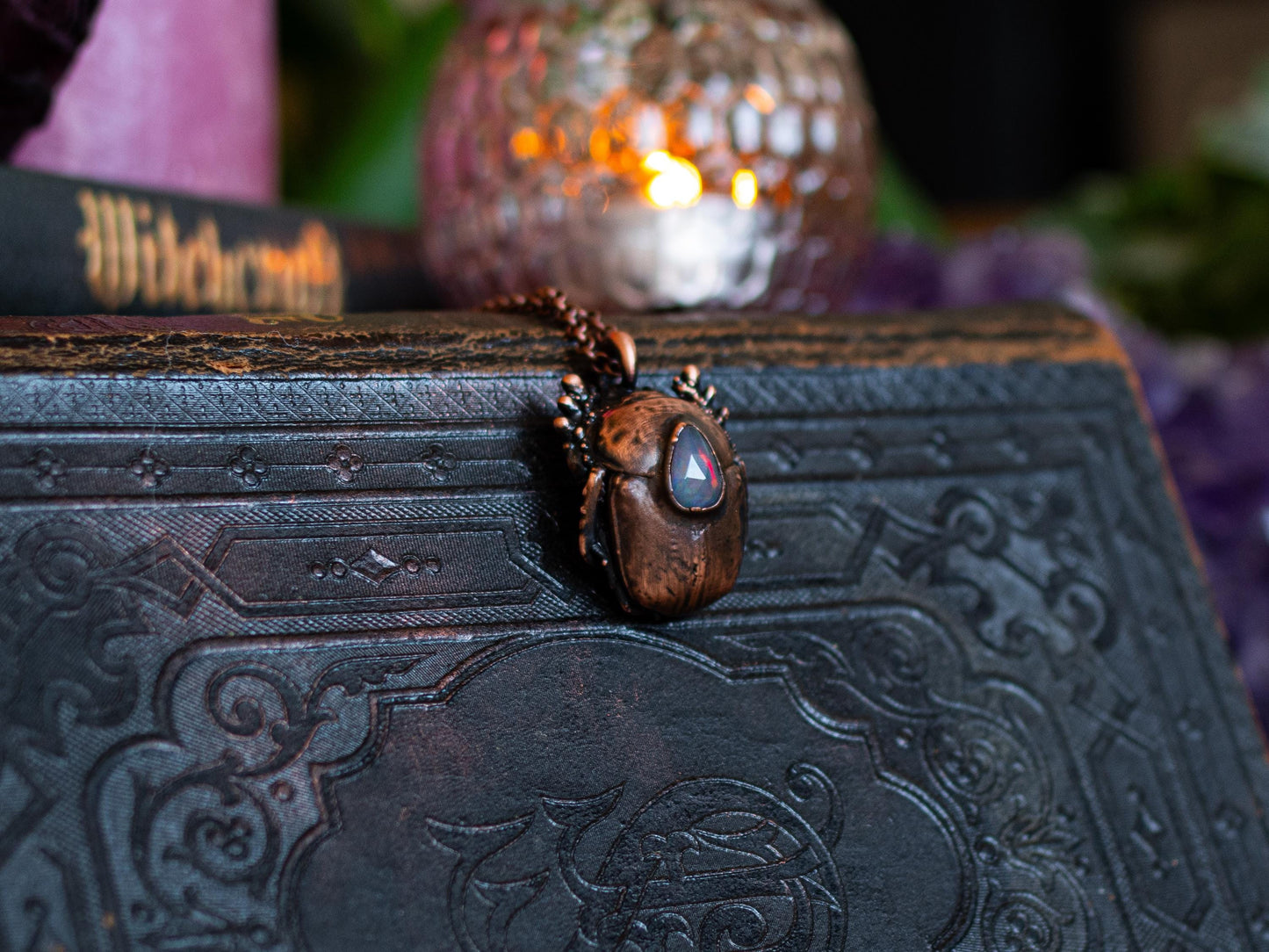 Scarabeus  - Opal collection, , electroformed copper real beetle, witch pagan jewellery, nature inspired, Ethiopian opal, insect  taxidermy