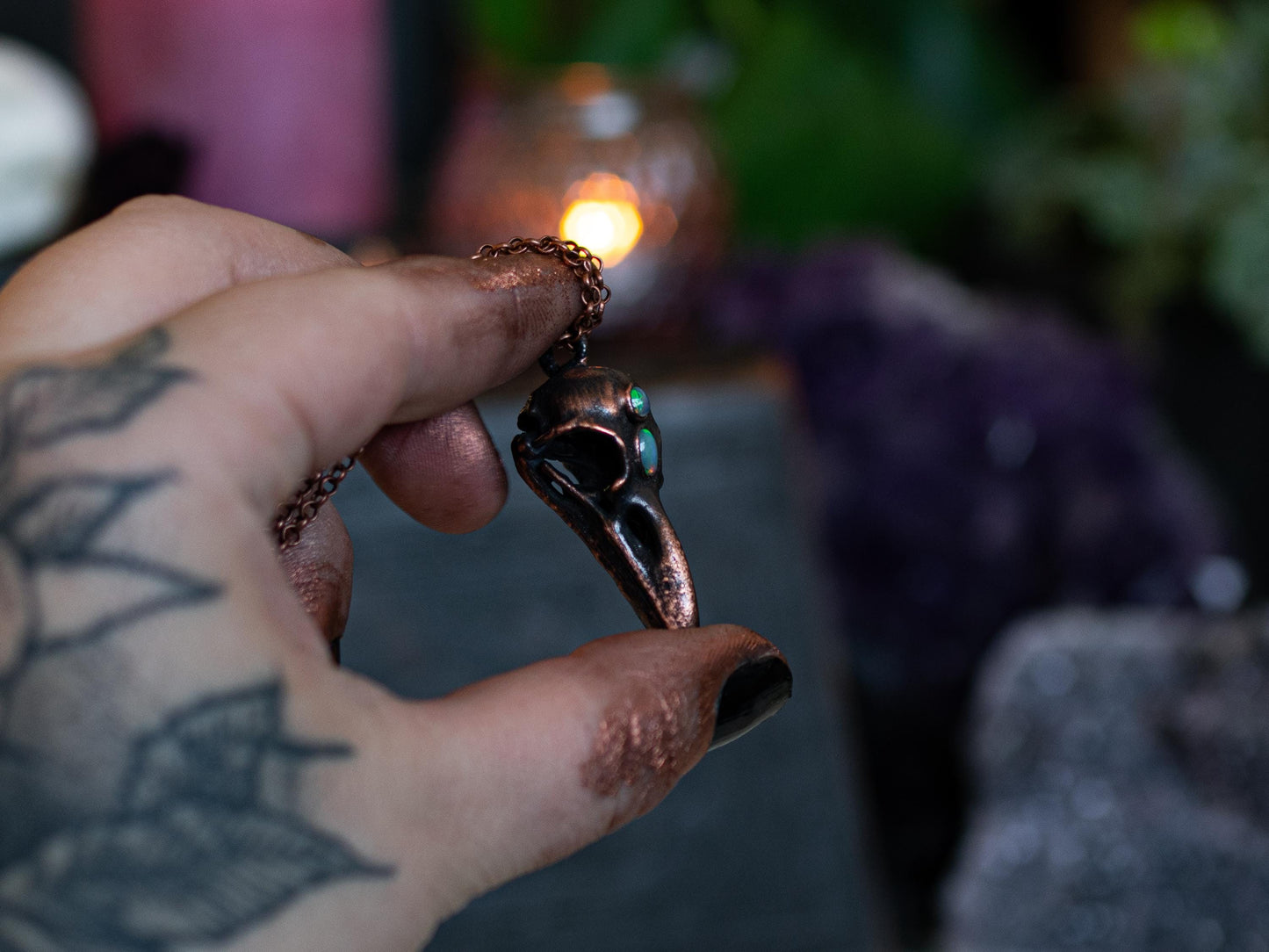Raven Skull- Opal collection,electroformed in copper, witch pagan jewellery, nature inspired taxidermy, viking