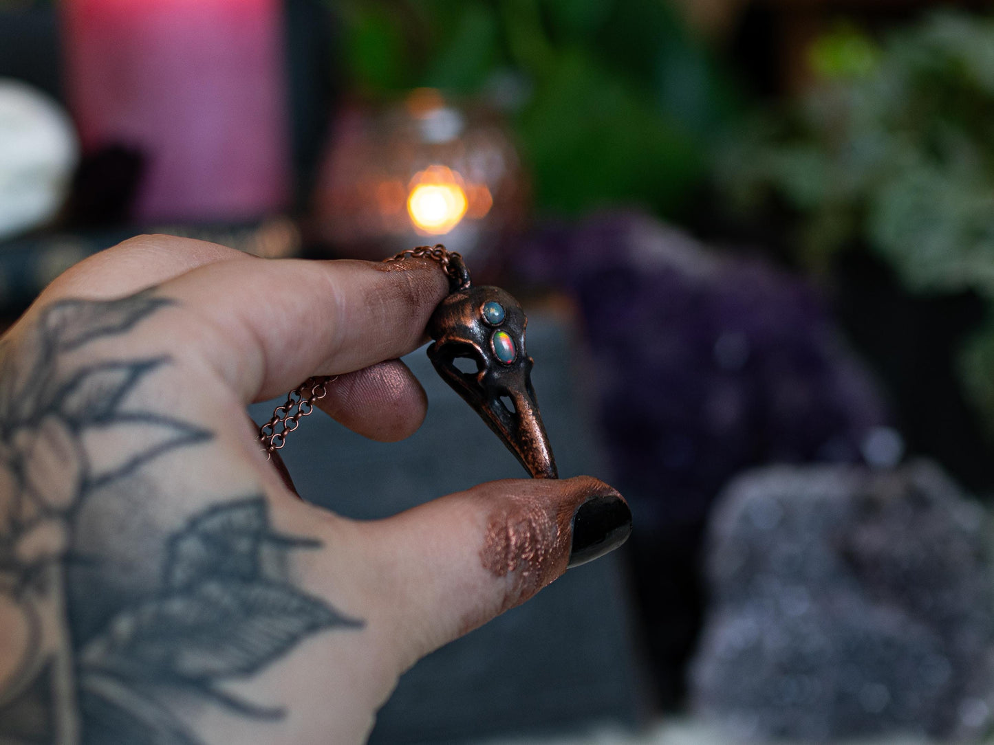 Raven Skull- Opal collection,electroformed in copper, witch pagan jewellery, nature inspired taxidermy, viking