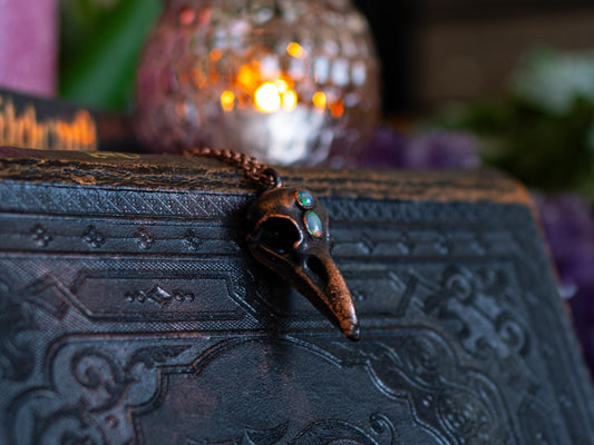 Raven Skull- Opal collection,electroformed in copper, witch pagan jewellery, nature inspired taxidermy, viking