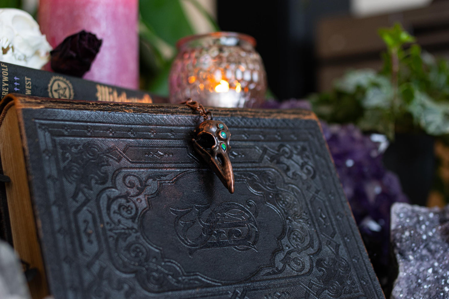 Raven Skull II - Opal collection,electroformed in copper, witch pagan jewellery, nature inspired taxidermy, viking