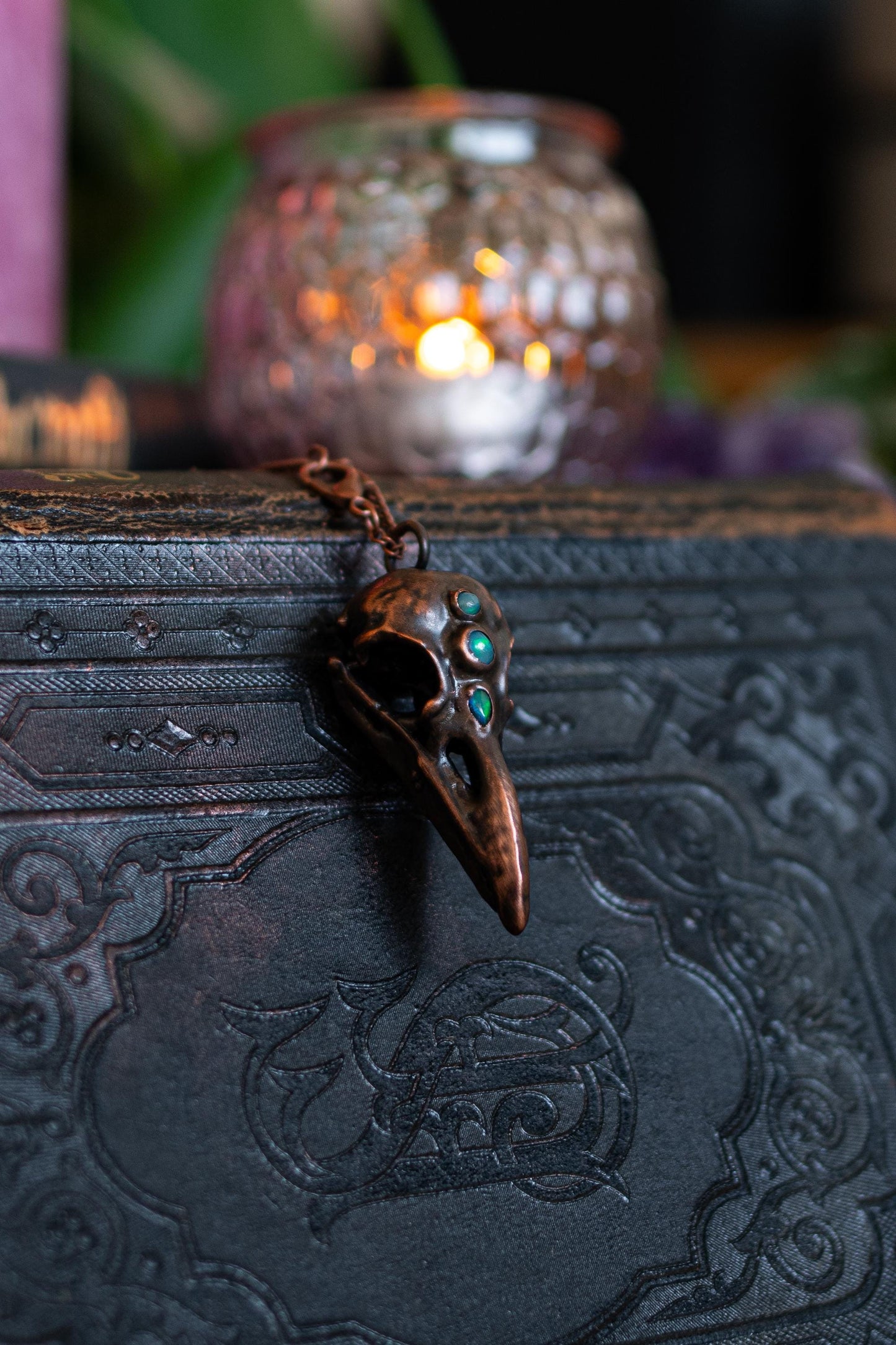 Raven Skull II - Opal collection,electroformed in copper, witch pagan jewellery, nature inspired taxidermy, viking