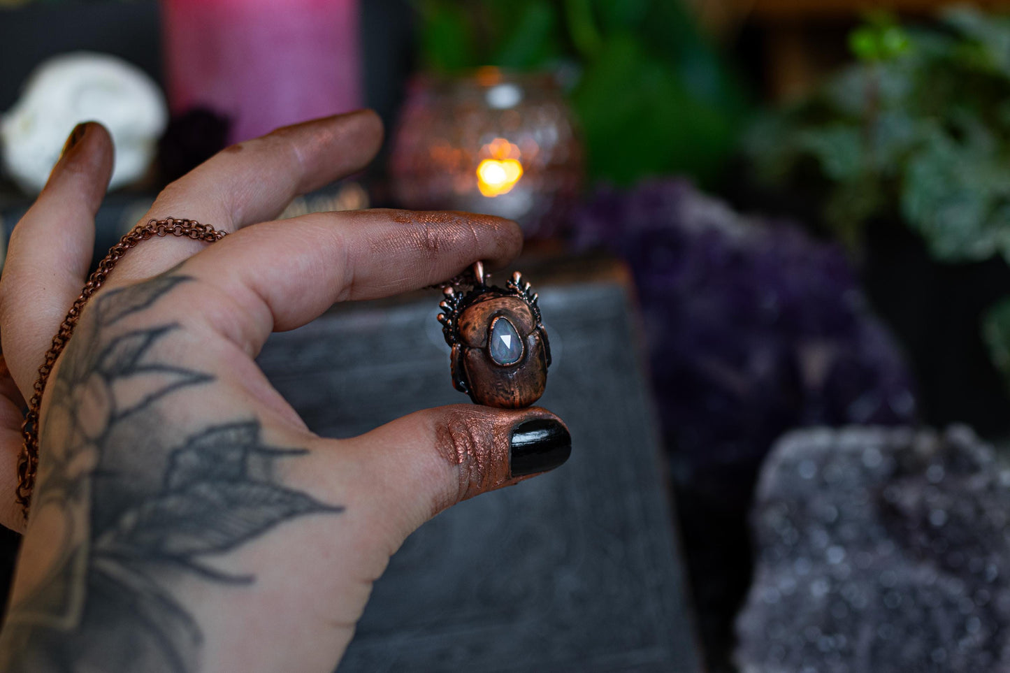 Scarabeus  - Opal collection, , electroformed copper real beetle, witch pagan jewellery, nature inspired, Ethiopian opal, insect  taxidermy