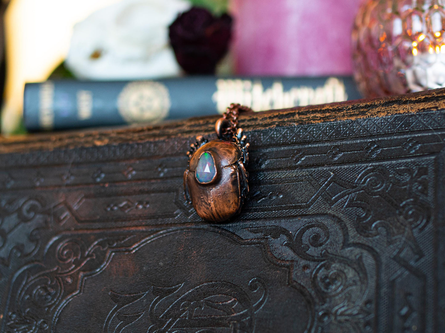 Scarabeus  - Opal collection, , electroformed copper real beetle, witch pagan jewellery, nature inspired, Ethiopian opal, insect  taxidermy