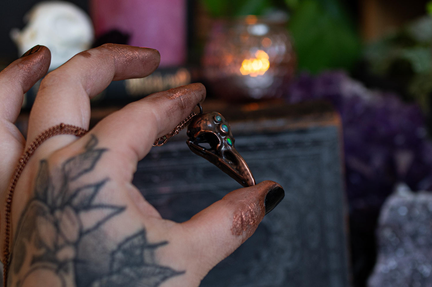Raven Skull II - Opal collection,electroformed in copper, witch pagan jewellery, nature inspired taxidermy, viking