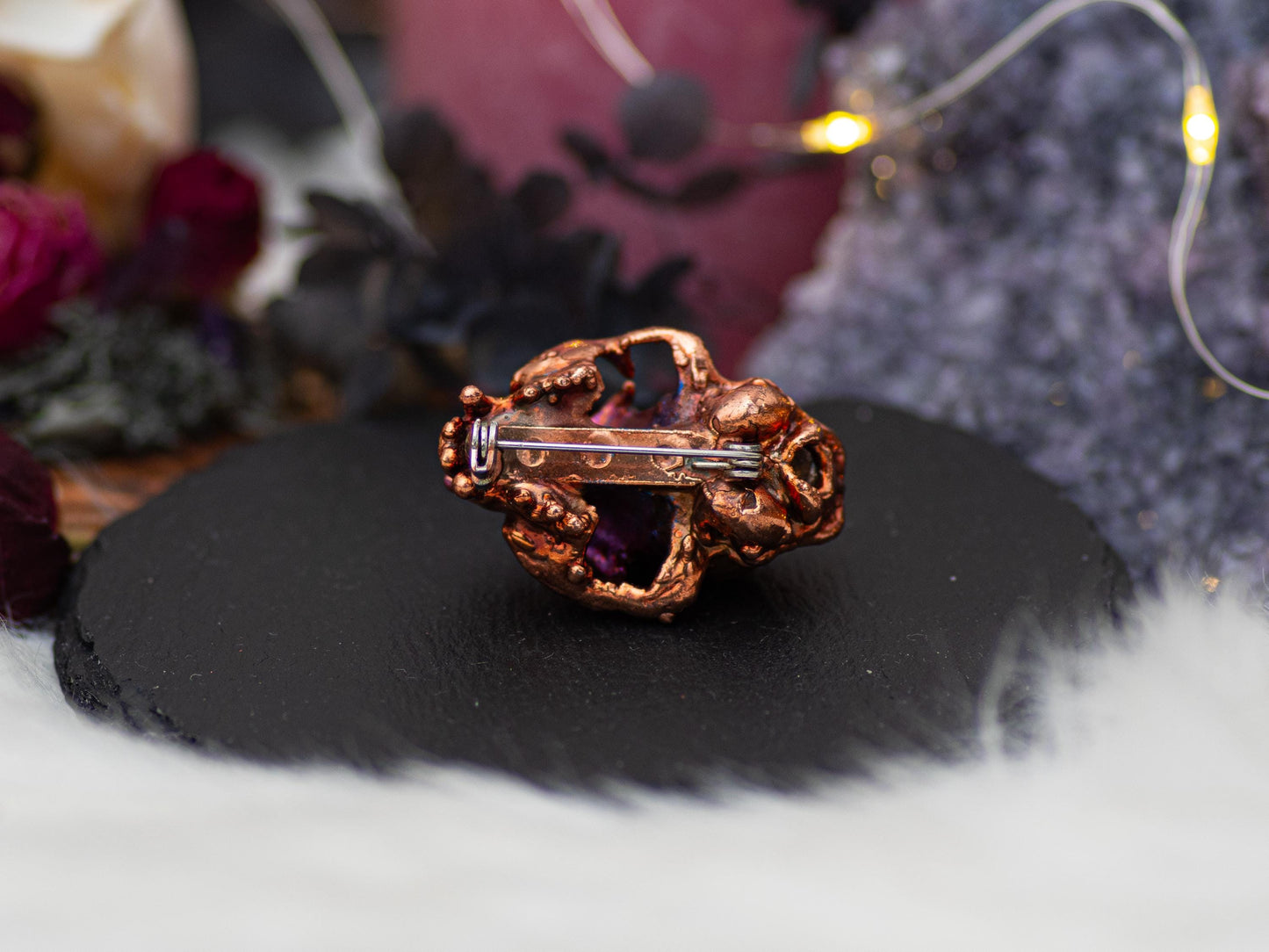 Amethyst Cat Skull Brooch