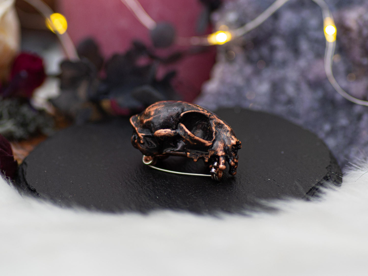 Copper Cat Skull Brooch- vintage-like, electroformed in copper