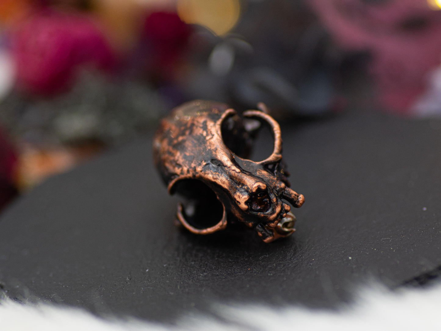 Copper Cat Skull Brooch- vintage-like, electroformed in copper