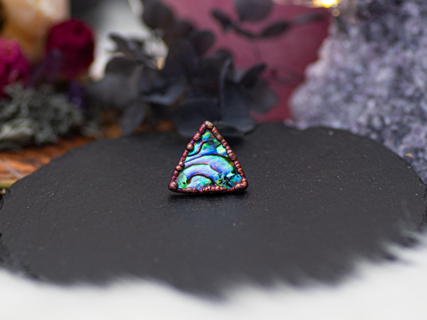 Triangle abalone Pin – Witchy Celestial Accessory, Handmade Copper Brooch, dark gothic jewellery, sea magic