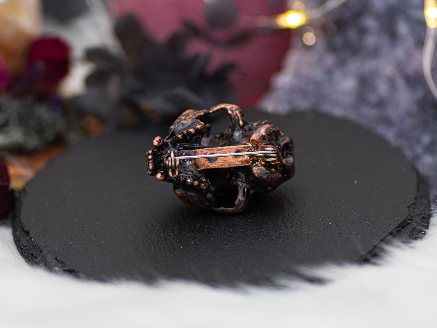 Copper Cat Skull Brooch- vintage-like, electroformed in copper