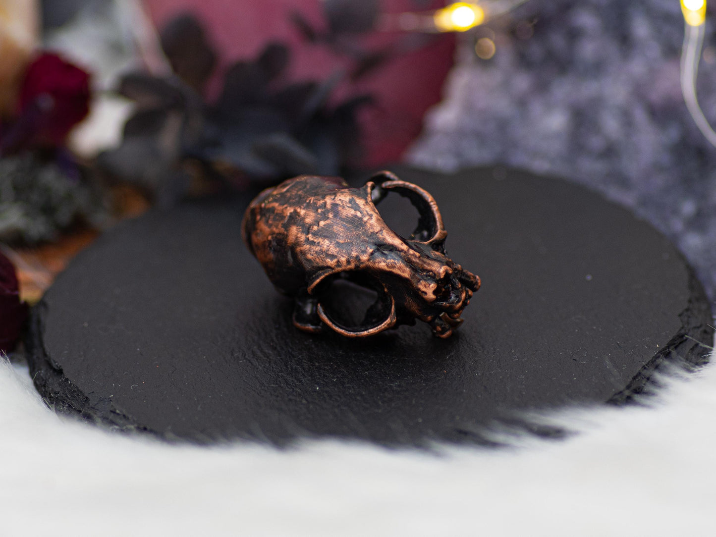 Copper Cat Skull Brooch- vintage-like, electroformed in copper