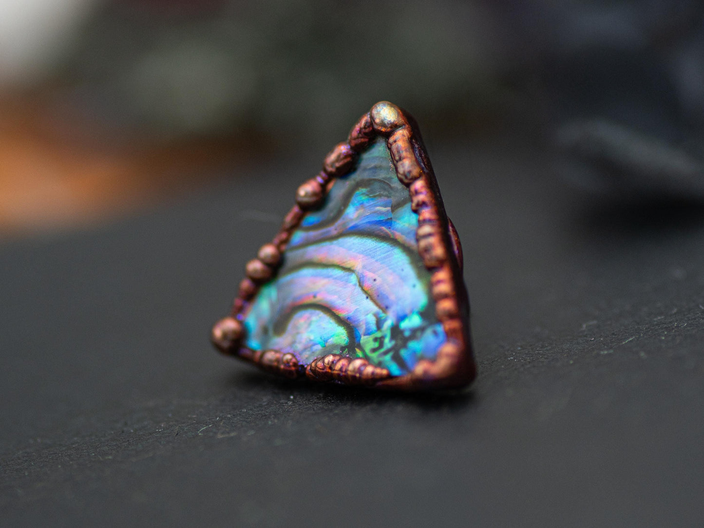 Triangle abalone Pin – Witchy Celestial Accessory, Handmade Copper Brooch, dark gothic jewellery, sea magic