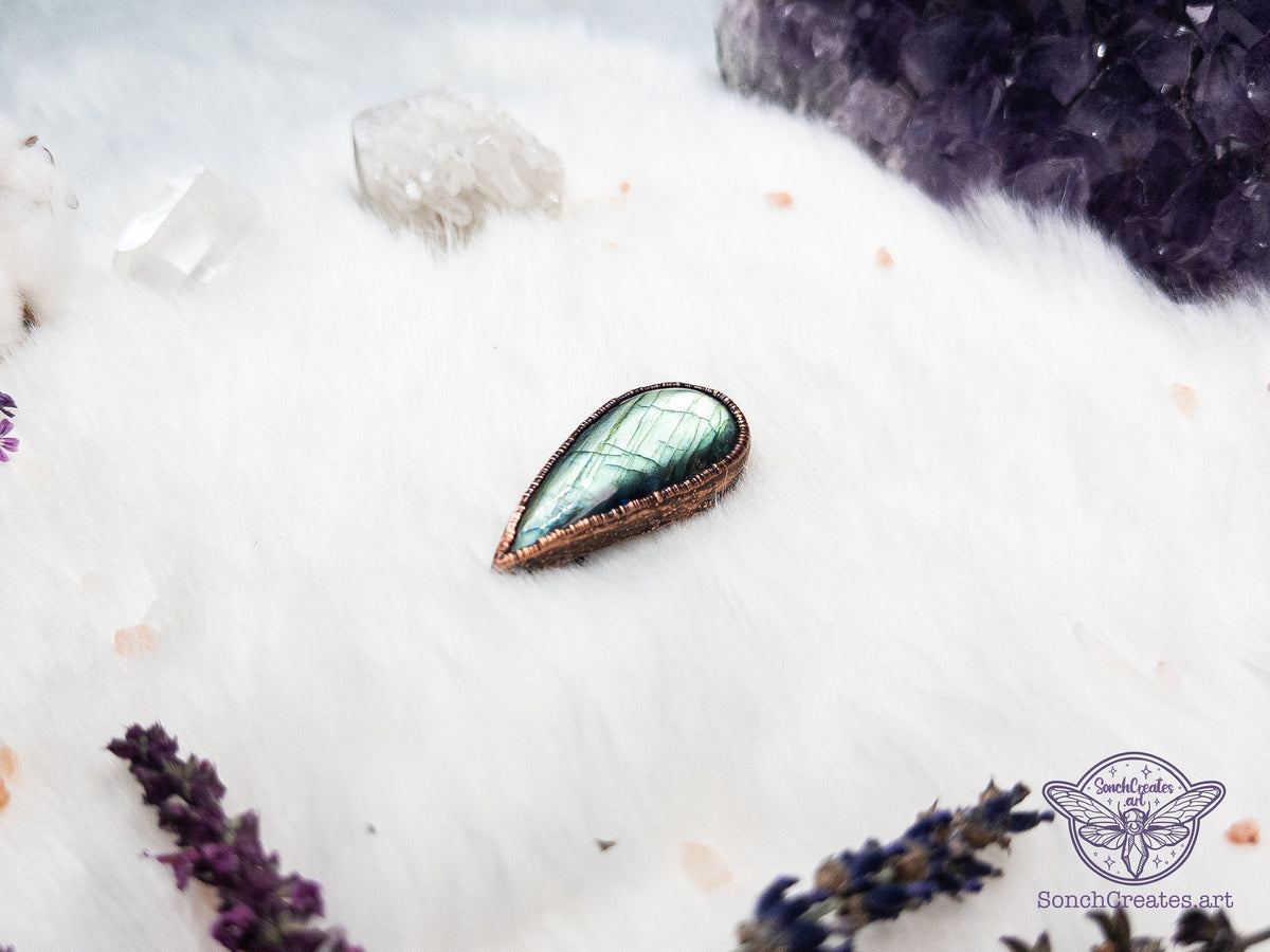 Blue and green labradorite brooch in electroformed copper