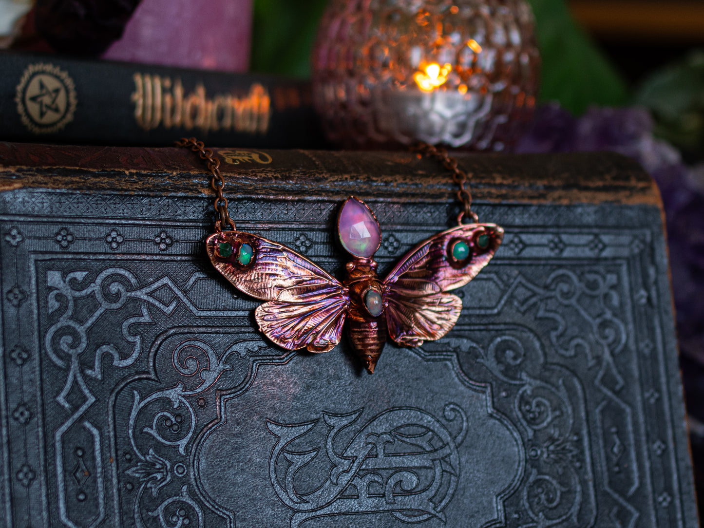 Opal cicada  -  Ethiopian & Aurora Opals, Emeralds,  Eentomology  inspired copper talisman