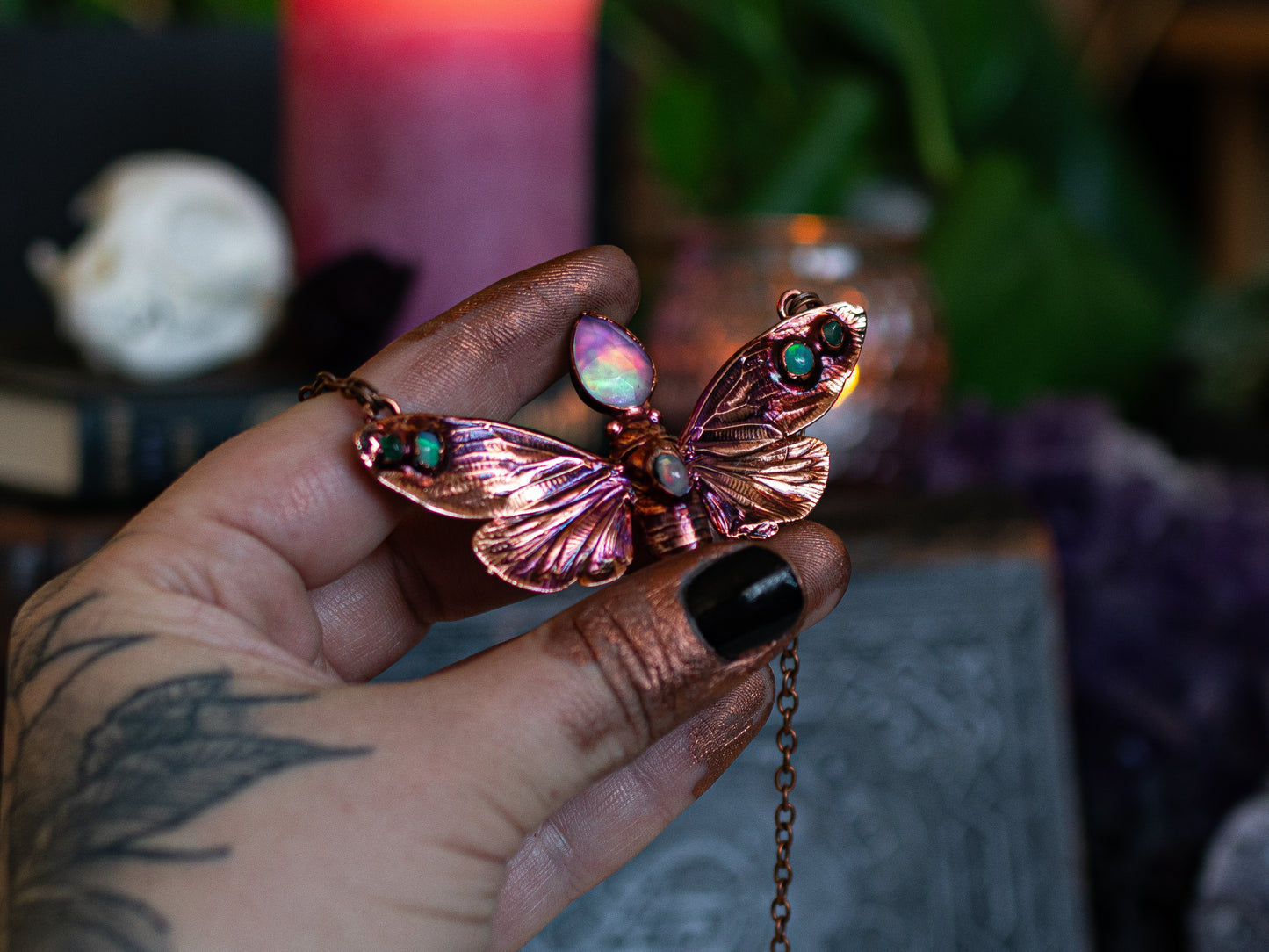 Opal cicada  -  Ethiopian & Aurora Opals, Emeralds,  Eentomology  inspired copper talisman