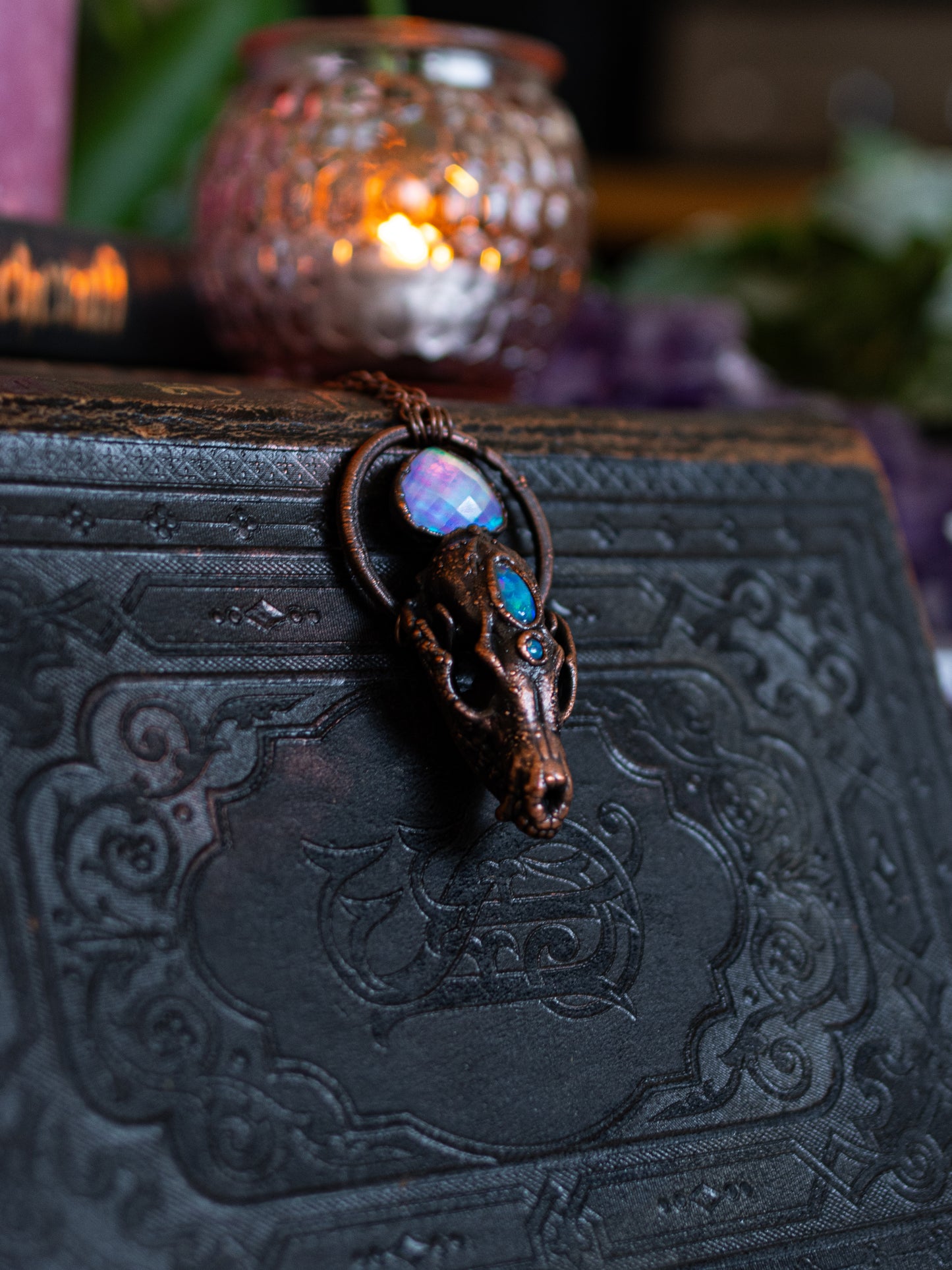 Fox Skull II - Ethiopian & aurora Opals - Electroformed talisman