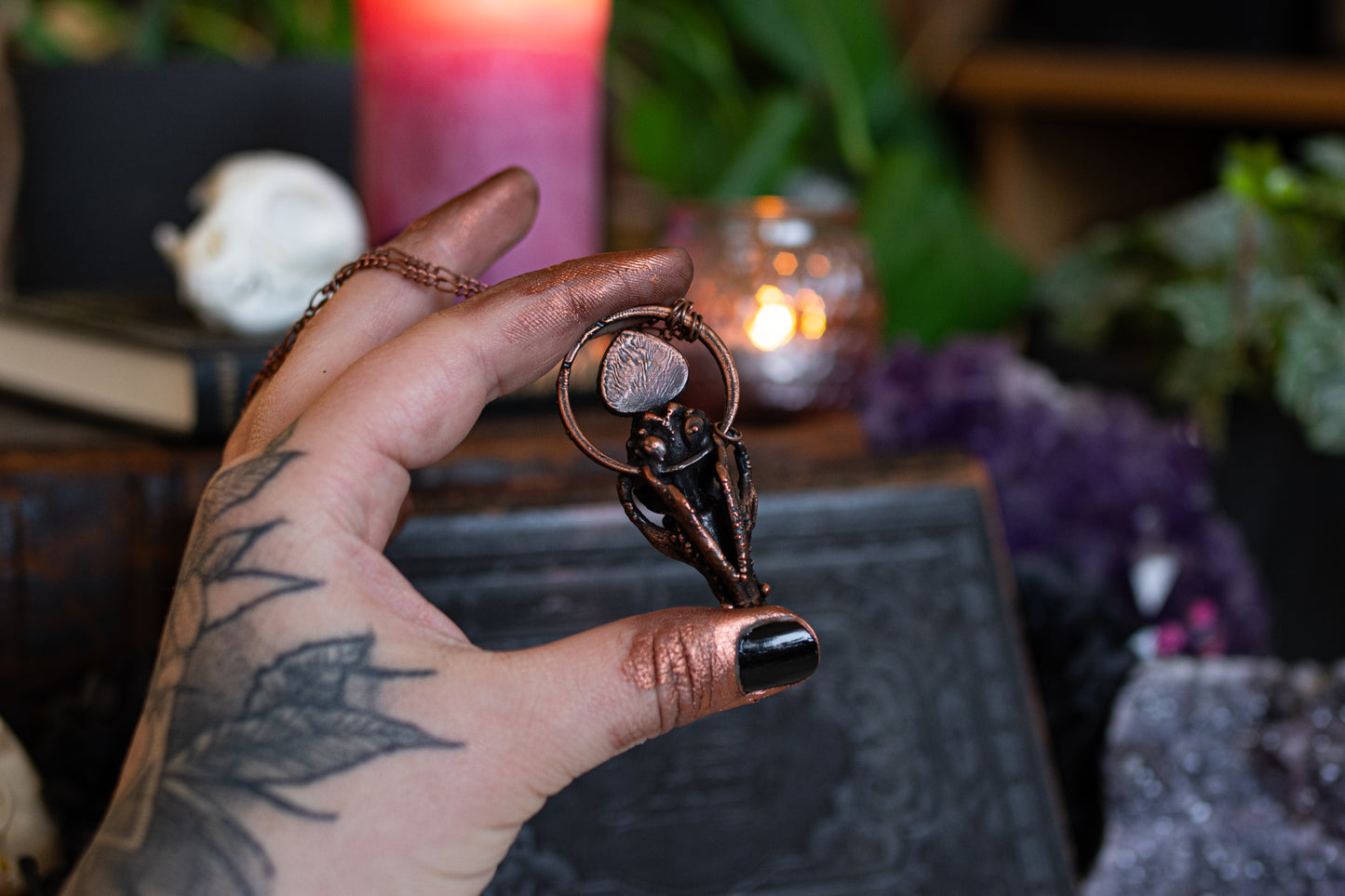 Fox Skull II - Ethiopian & aurora Opals - Electroformed talisman