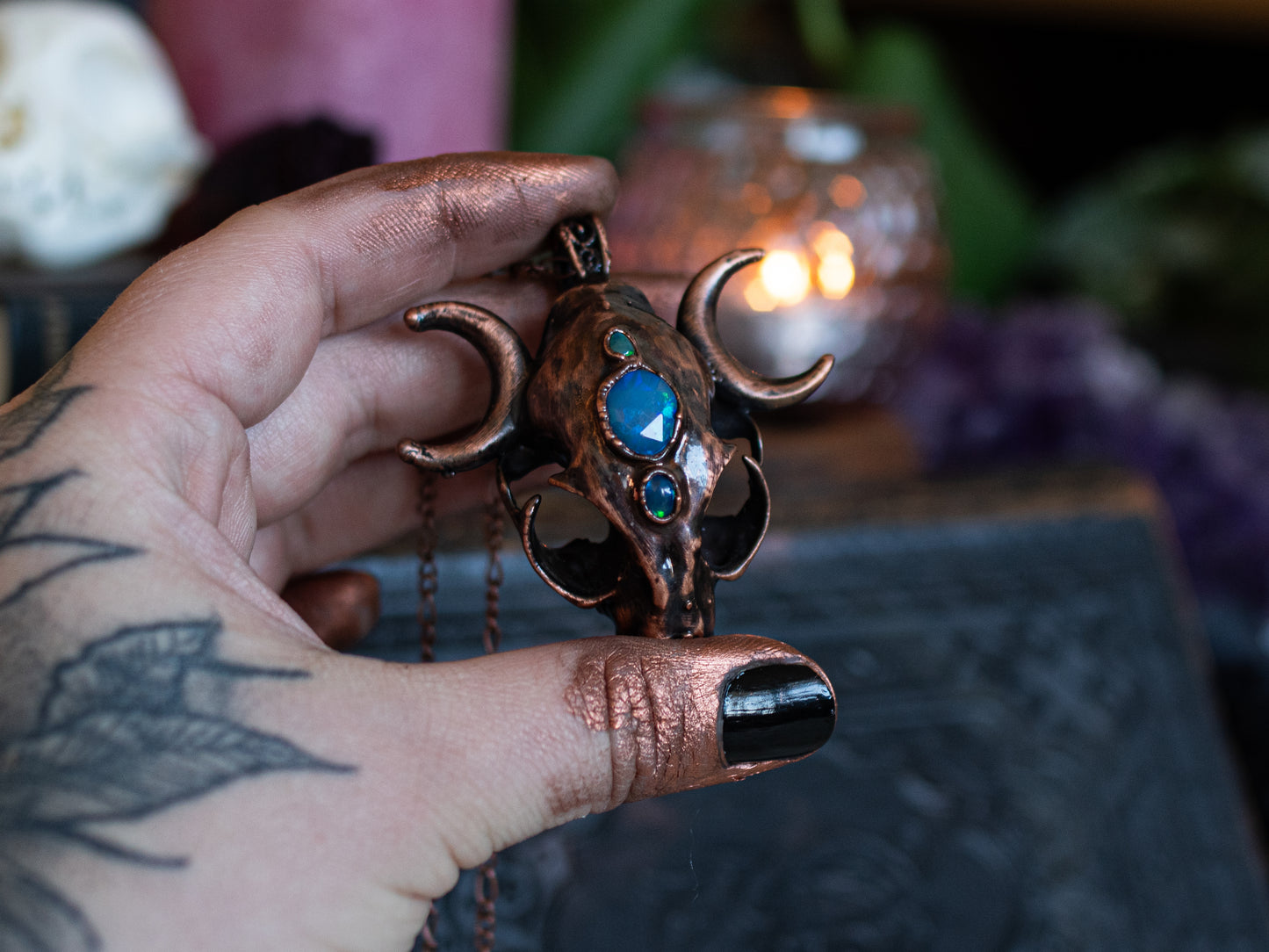 Opal Cat Skull - Electroformed talisman