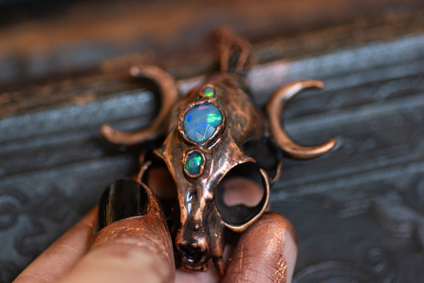 Opal Cat Skull - Electroformed talisman