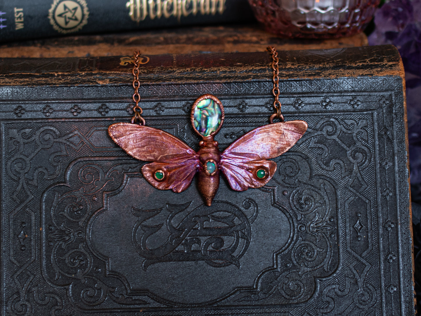 Opal cicada  II-  Ethiopian opals - abalone & green onyx -  Eentomology  inspired copper talisman (Copy)