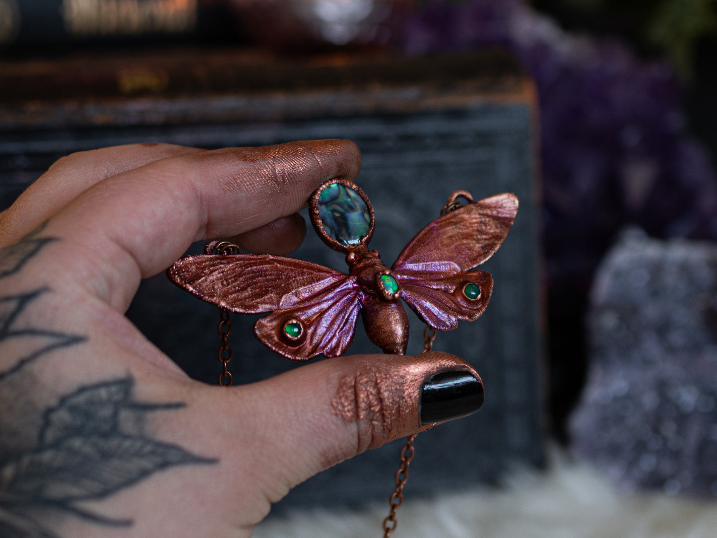 Opal cicada  II-  Ethiopian opals - abalone & green onyx -  Eentomology  inspired copper talisman (Copy)