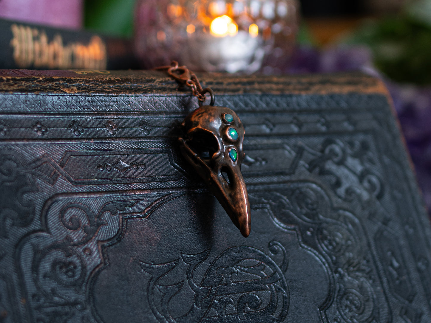 Raven Skull II - Opal collection,electroformed in copper, witch pagan jewellery, nature inspired taxidermy, viking